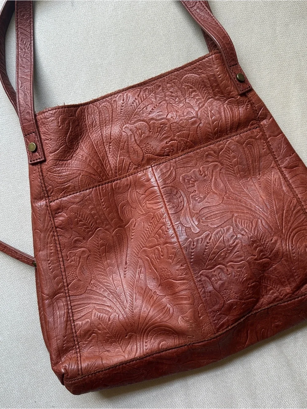 Embossed Leather Shoulder Bag in Rich Chestnut